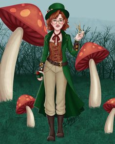 a painting of a woman standing in front of mushrooms