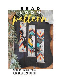 the front cover of bead loom pattern book, featuring three colorful bracelets