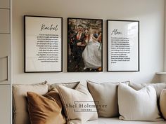 three framed pictures hang on the wall above a couch in a living room with pillows