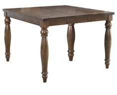 a wooden table with two turned legs and a square top on an isolated white background