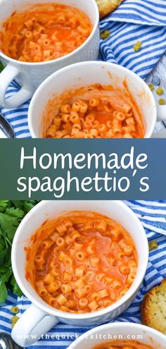 two bowls of homemade spaghetti soup with bread on the side