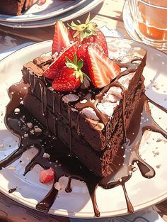 a piece of chocolate cake with strawberries on top