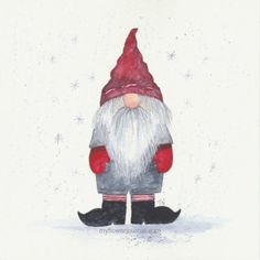 a watercolor painting of a gnome wearing a red hat and gray pants, standing in the snow