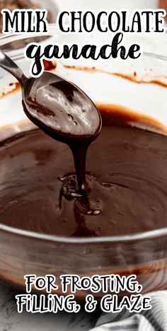 chocolate ganache for filling and glaze in a glass bowl with a spoon on top