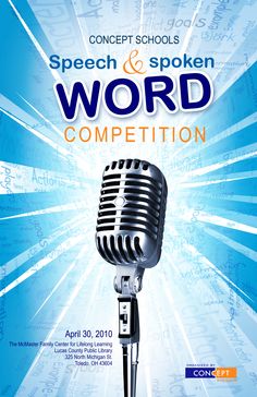 a microphone with the words word competition written in blue and white on top of it