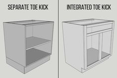 two different views of the same cabinet with doors open and closed, one showing an integrated toe kick