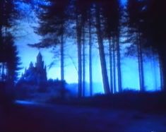 a blurry image of a castle in the woods at night with blue light coming from it's windows