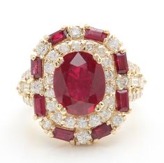 7.70 Carat Natural Red Ruby and Diamond Women Ring Made in 14K Solid Yellow Gold Suggested Retail Price $7,999.00 Total Natural Main Ruby Weight is - 4.50 Carat Ruby Measurements are - 11.00 x 9.00 mm Face Measurement are - 21.00 x 17.50 mm Total Baguette Ruby's are - 1.50 Carat Stamped: 14k Total Diamonds Carat Weight is - 1.70 Carat Clarity: SI1 Color: G-H Diamond Cut - Very Good RING SIZE: 7 (FREE SIZING AVAILABLE) RING WEIGHT IS 11.2 gram Disclaimer: All colors, measurements and weights are approximate and may vary slightly from the listed dimensions or as seen in the image'' Gold Women Ring, Red Stone Ring, Wedding Brooch, Ruby Jewelry, Minerals And Gemstones, Rings Cool, Women Ring, Red Ruby, Red Stone