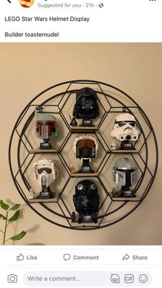 a round metal shelf with many different types of helmets on it and a potted plant in the corner