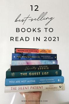 a person holding a stack of books with the title 12 best selling books to read in 2021