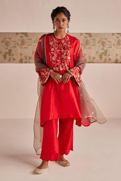 Red asymmetric kurta with zardozi embroidered floral patterns and loop detail on placket. Comes with pant and dupatta. - Aza Fashions Red Embroidered Organza Salwar Kameez, Embroidered Red Organza Salwar Kameez, Red Organza Traditional Wear For Eid, Red Organza Salwar Kameez With Traditional Drape, Red Organza Salwar Kameez In Traditional Drape, Red Organza Kurta For Wedding, Red Raw Silk Sets With Floral Embroidery, Elegant Red Embroidered Anarkali Set, Red Floral Embroidered Raw Silk Sets