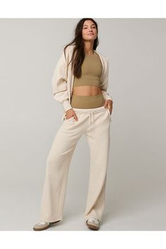 THE LOOK: Holds its shape. Elevated basic. Wide leg silhouette./THE FEEL: Brushed. Soooo soft on the inside. Weightless./THE MOVES: On the go./Accessibility deets: elastic waistband & internal drawstring for easier on/off! Cozy Everyday Pants, Cozy Fall Pants For Everyday Wear, Sweats Photoshoot, Aerie Sweatpants, Aerie Clothing, Bday Wishlist, Offline By Aerie, Christmas Wishlist, Moving Forward