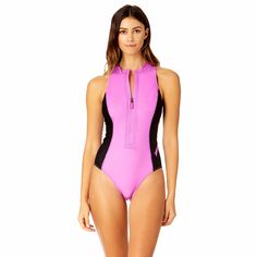 Go on your water adventures in style in our Zip Front One Piece Swimsuit. This sporty one piece swimsuit has a front zipper at its center and is designed with copper-infused fabric with anti-bacterial and odor-control features, providing all-day freshness in and out of the water. The zip front design provides adjustable style, while removable cups provide secure, adjustable support for an active day in the water. Step up your swimwear game with this stylish and functional one piece swimsuit! Sporty Stretch Swimwear With Zipper Closure, Sports Nylon Swimwear With Zipper Closure, Summer Swimwear With Zipper Closure In Nylon, Nylon Swimwear With Zipper Closure For Summer, Pink Athletic Swimwear In Nylon, Pink Nylon Athleisure Swimwear, Nylon Swimwear With Zipper Closure For Swimming, Sporty Zipper-closure Swimwear For Poolside, Stretch Nylon Swimwear With Zipper Closure