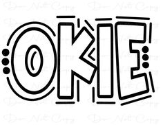 the word okie in black and white with an outline effect on it's side