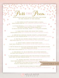 the printable poem for pass the poem is shown in pink and gold foil confetti