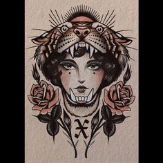 a drawing of a woman with a tiger's head on her face and roses around her neck