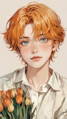 an orange haired boy with blue eyes holding flowers