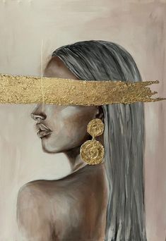 a painting of a woman's face with two gold circles hanging from her hair