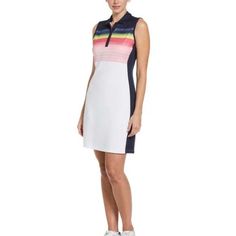 Gradient Stripes Over The Chest And Color Blocking Bring A Striking Modern Look To This Women’s Golf Dress From Callaway. The Sleeveless Golf Dress Has Uv Protection To Help Guard Covered Areas Against The Sun's Damaging Rays. It's Crafted From A Double Knit Interlock Fabric That Offers A Comfortable Amount Of Natural Stretch And A Stylish Structured Look. The Fabric Wicks Away Moisture To Help Keep You Cool And Dry. 100% Polyester Opti Dri Wicks Away Moisture To Keep You Dry Double Knit Interlo Polo Dress Women, Golf Dress, Abstract Gradient, Gradient Print, Golf Dresses, Athletic Dress, Flounced Dress, Sport Dress, Double Knit