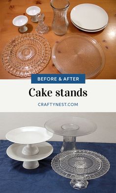 the before and after photos show how to make cake stands with glass plates on them