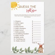 a baby shower game with the words guess the right price written in red on it