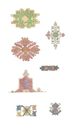 four different colored designs are shown in this drawing, and each has an intricate design on it