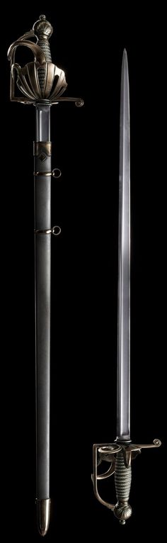 two different types of swords on display in front of a black background, one is silver and the other has a metal handle