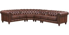 a brown leather sectional sofa with nail polishing on the legs and backrests