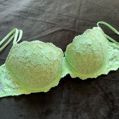 Gorgeous, Brand New Pink Bra From Mid 2000s! I Only Wore This Once, And It’s Been Sitting In My Closet And Ready To Go To Somewhere Who Actually Wants To Wear It! Quality Is Like New Green Fitted Lace Bra, Green Lace Bra With Lace Trim, Green Push-up Bra With Padded Cups, Spring Green Bra With Lace Trim, Green Lace Trim Bra For Spring, Green Lace Bra With Padded Cups, Pink Bra, Green Lace, Pink Lace