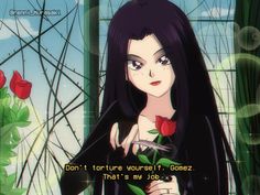 a girl with long black hair holding a rose