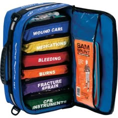 an open blue case with various items inside it and the contents in each bag are labeled