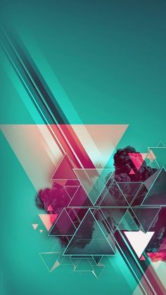 an abstract background with geometric shapes and lines in shades of pink, teal, purple and blue