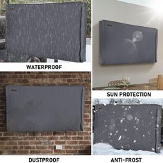 four pictures showing the different parts of a tv that are covered in snow and water