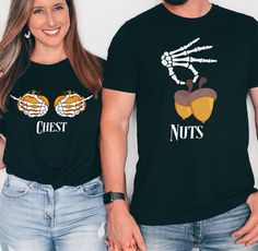 Funny Couples Halloween Shirts are ideal for all the  Parties you will be attending. You'll be the hit of the party with these Chest and Nuts shirts. Great for yourselves or as a gift. Buy the shirts for individuals or couples. Each shirt is priced separately. Premium UNISEX T Shirt - Gildan 64000 - Durable, soft, and printed using high quality techniques that will leave you with a lasting products. All adult sizes are this brand shirt. Bella Canvas and Babyskins are fantastic brands that are al Couples Halloween Shirts, Halloween Shirts Funny, Couple Tees, Halloween T Shirts, Couples Halloween, Halloween Shirts, Funny Couples, Newlywed Gifts, Shirts Funny