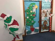 the grinch door decoration is decorated with christmas decorations