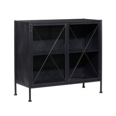 a black metal cabinet with two doors and three shelves on each side, against a white background