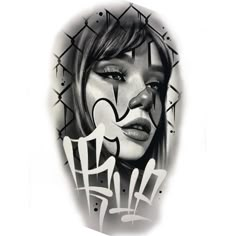 a black and white photo of a woman's face with graffiti all over it