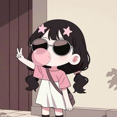 a cartoon girl wearing sunglasses and holding her hand up in the air while standing next to a door