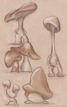 a pencil drawing of mushrooms and other things in the shape of people's heads