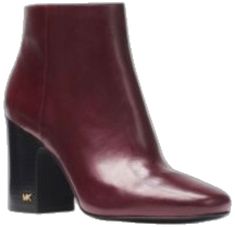 Burgundy Calf Leather Boots For Fall, Burgundy Leather Heeled Boots For Fall, Burgundy Leather Heeled Boots For Formal Occasions, Burgundy Leather Ankle Boot Heels, Formal Leather Booties With Stacked Heel, Leather Booties With Stacked Heel For Formal Wear, Burgundy Ankle-high Leather Heels, Michael Kors Shoes, Leather Booties