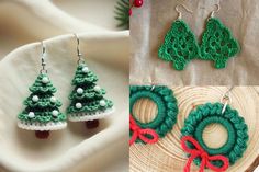 crochet christmas tree earrings with bows and pearls