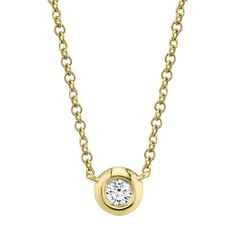 How lovely is this 14k yellow gold pendant! It features a beautiful bezel-set 0.10ct round cut diamond. This gorgeous pendant sits fluidly on the neck and will be a sparkling compliment to any outfit it is paired with. This necklace can be worn from 15-18 inches. Diamond Pendant Necklace Solitaire, Bezel Set Necklace, Contemporary Fine Jewelry, Circle Jewelry, Bezel Necklace, Solitaire Pendant Necklace, Diamond Solitaire Necklace, Solitaire Necklaces, Bezel Set Diamond