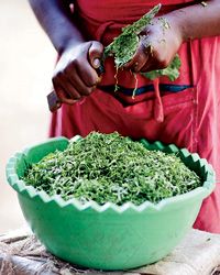 a woman in red shirt holding green food item over bowl on table with other items