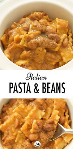 italian pasta and beans in a white bowl