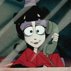 an animated image of a woman holding a phone to her ear and looking at the camera