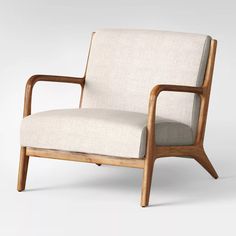 a white chair with wooden frame and armrests on an isolated background, the seat is upholstered