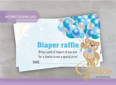 a diaper raffle card with a teddy bear holding blue and white balloons on it