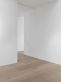 an empty room with white walls and wood floors