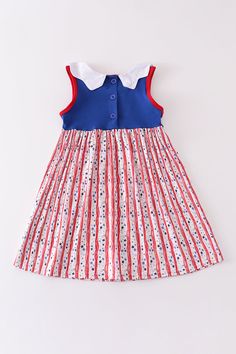 DRESCRIPTION Show off your patriotic pride with our Luna's dress. Perfect for any 4th of July celebration, this dress is a stylish and fun way to celebrate - this Independence Day! Blending cotton with spandex in children’s garments can offer several benefits: Stretch and Flexibility: Spandex, also known as elastane, is a highly elastic fiber. When blended with cotton, it imparts stretchiness and flexibility to the fabric. Comfort: The combination of cotton and spandex provides the softness and breathability of cotton while adding a touch of stretch. Durability: Spandex enhances the durability and shape retention of cotton clothing. Easy Dressing: Clothes with a bit of spandex are often easier to put on and take off, as they can have a bit of "give" when dressing the baby. Range of Motion: Casual Blue Dress For 4th Of July, Fitted Sleeveless Dress For Summer Playtime, Fitted Blue Cotton Twirl Dress, Blue Fitted Cotton Twirl Dress, Blue Patriotic Spring Dress, Patriotic Blue Dresses For 4th Of July, Blue Patriotic Cotton Dress, Patriotic Blue Cotton Dress, Blue Cotton Patriotic Dress