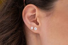 "Our round cut solitaire earrings are 14k solid gold. They have a minimalist style that can fit all of your outfits. The stone is made of cubic zirconia. These delicate studs come in two colors; gold and white gold (available in only \"medium\" size) and also they have 6 prong setting. We have 3 sizes of earrings, a small one, a medium one and a large one. If we talked about the features of these circle earrings: The diameter of the \"small\" stud is 4.53 mm. The diameter of the \"medium\" one is 5.24 mm.  The diameter of the \"large\" one is 6 mm.  We also have the 4-prong model of the same style of earrings. Here is the link of it: https://onsevafinejewelry.etsy.com/listing/1625185030 If you want to combine it with its necklace (6 prong setting), here is the link:  https://onsevafinejewe Minimalist Solitaire Earrings For Anniversary, Everyday Solitaire Round Cut Earrings, 14k Gold Solitaire Earrings, Delicate Round Earrings With Prong Setting, Minimalist Solitaire Round Cut Earrings, Dainty Prong-set Earrings As Gift, Minimalist Round-cut Prong-set Earrings, Solitaire Earrings, Minimalist Studs